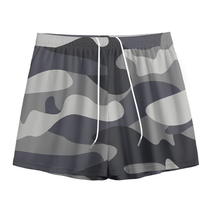 Grey And White Camouflage Print Mesh Shorts