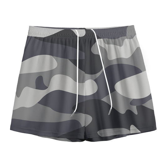Grey And White Camouflage Print Mesh Shorts