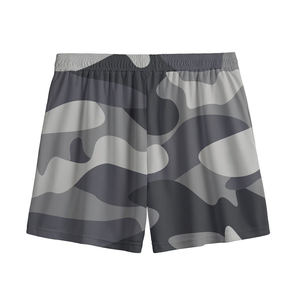 Grey And White Camouflage Print Mesh Shorts