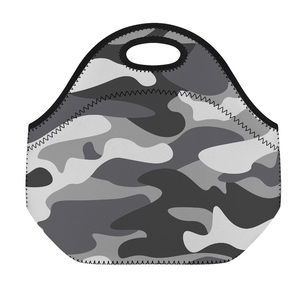 Grey And White Camouflage Print Neoprene Lunch Bag