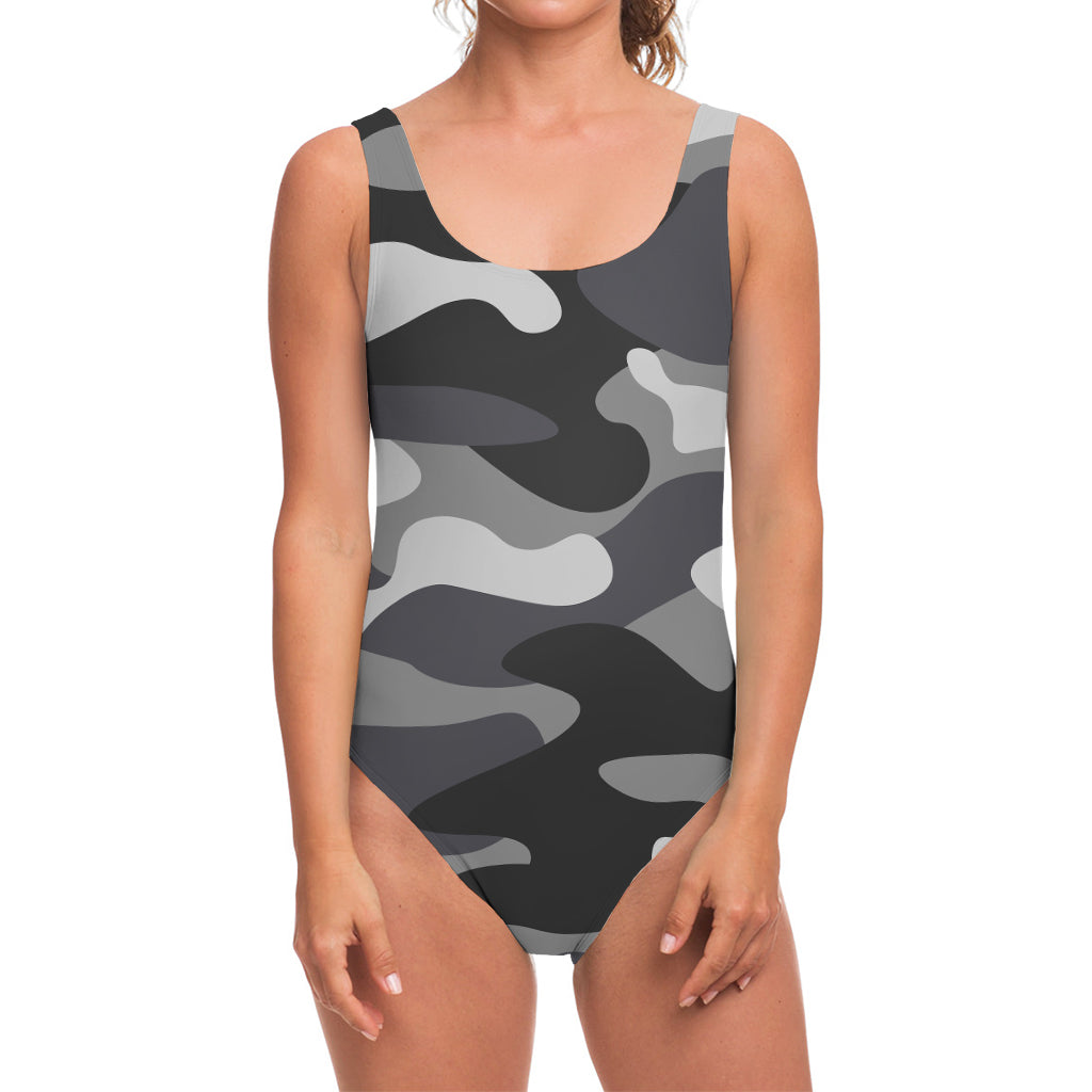 Grey And White Camouflage Print One Piece Swimsuit