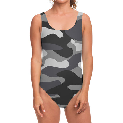 Grey And White Camouflage Print One Piece Swimsuit