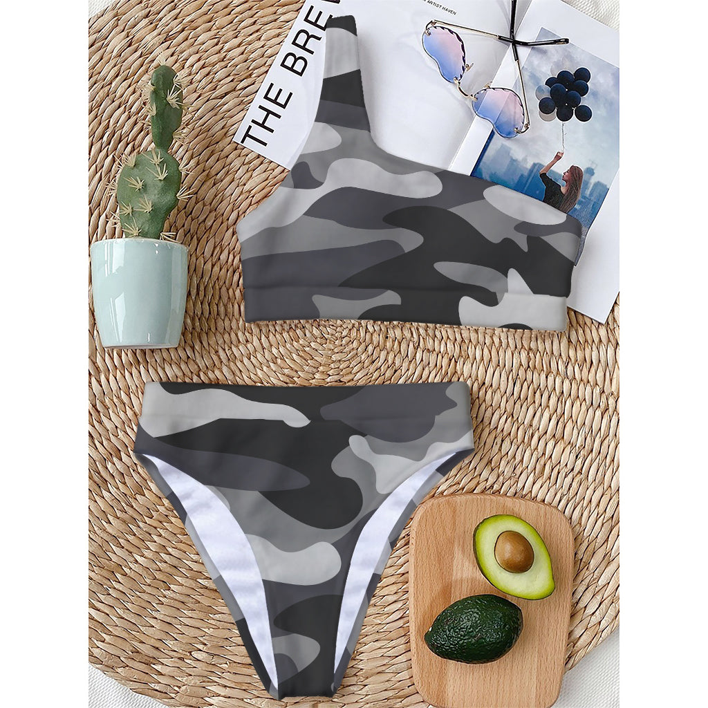 Grey And White Camouflage Print One Shoulder Bikini Top
