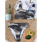 Grey And White Camouflage Print One Shoulder Bikini Top