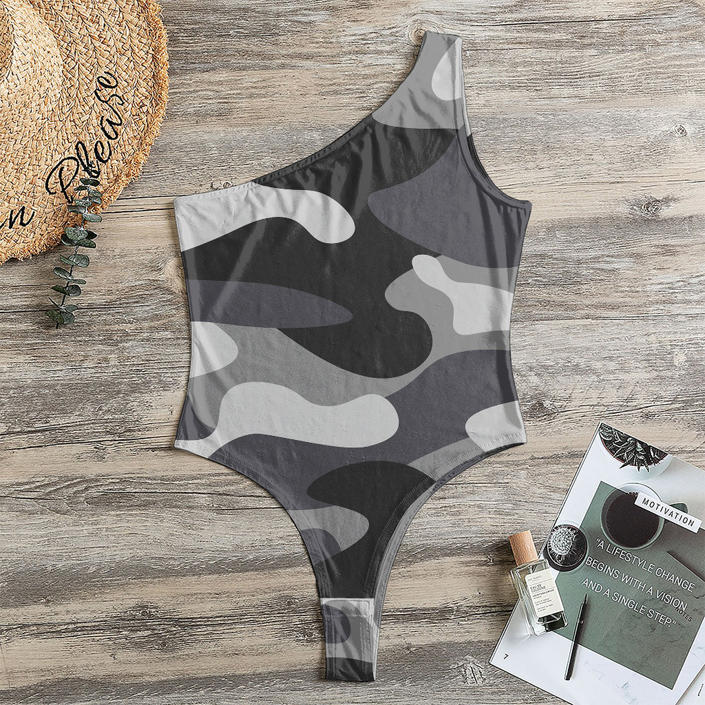 Grey And White Camouflage Print One Shoulder Bodysuit