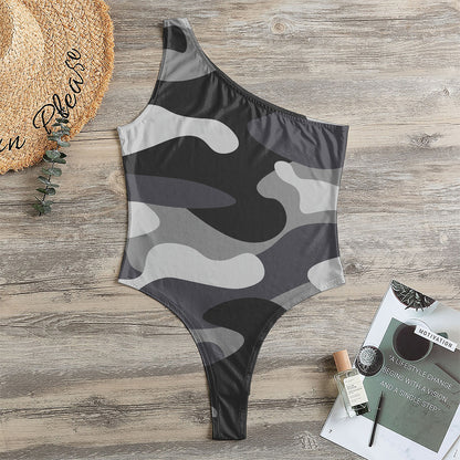 Grey And White Camouflage Print One Shoulder Bodysuit