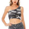 Grey And White Camouflage Print One Shoulder Crop Top