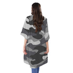 Grey And White Camouflage Print Open Front Beach Cover Up