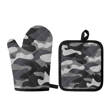 Grey And White Camouflage Print Oven Mitt And Pot Holder Set