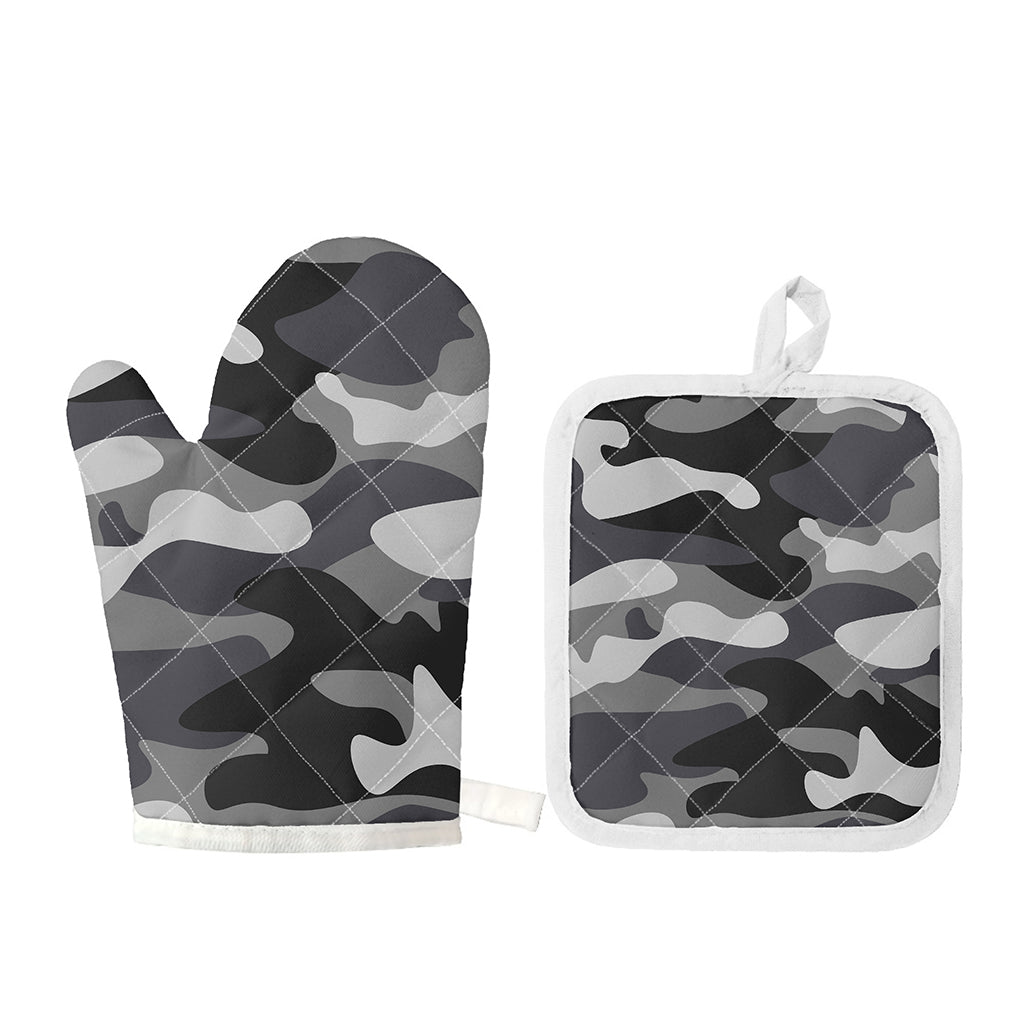 Grey And White Camouflage Print Oven Mitt And Pot Holder Set