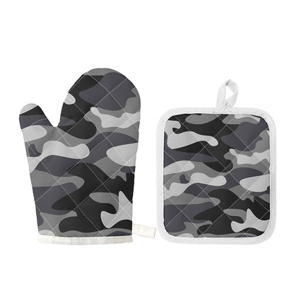 Grey And White Camouflage Print Oven Mitt And Pot Holder Set