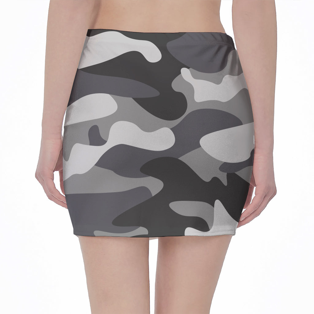 Grey And White Camouflage Print Pencil Mini Skirt