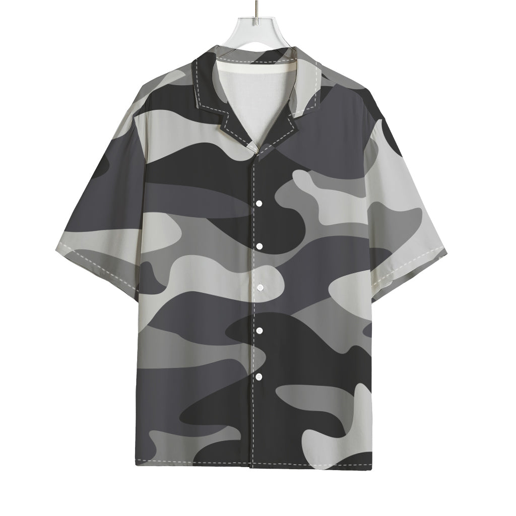 Grey And White Camouflage Print Rayon Hawaiian Shirt