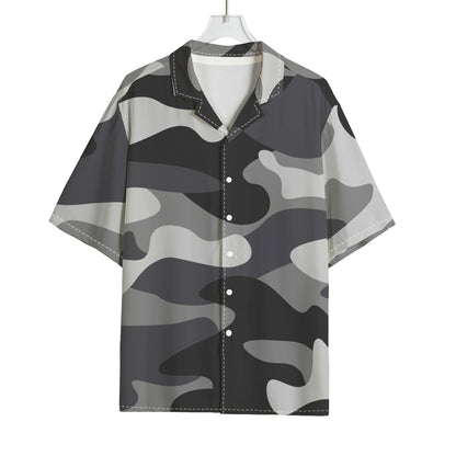 Grey And White Camouflage Print Rayon Hawaiian Shirt