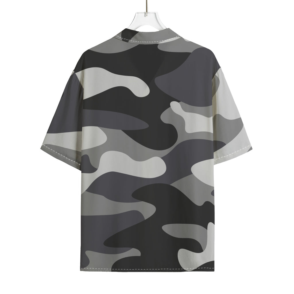 Grey And White Camouflage Print Rayon Hawaiian Shirt