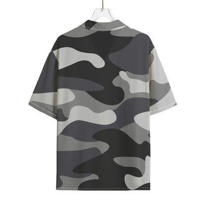 Grey And White Camouflage Print Rayon Hawaiian Shirt