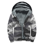 Grey And White Camouflage Print Sherpa Lined Zip Up Hoodie