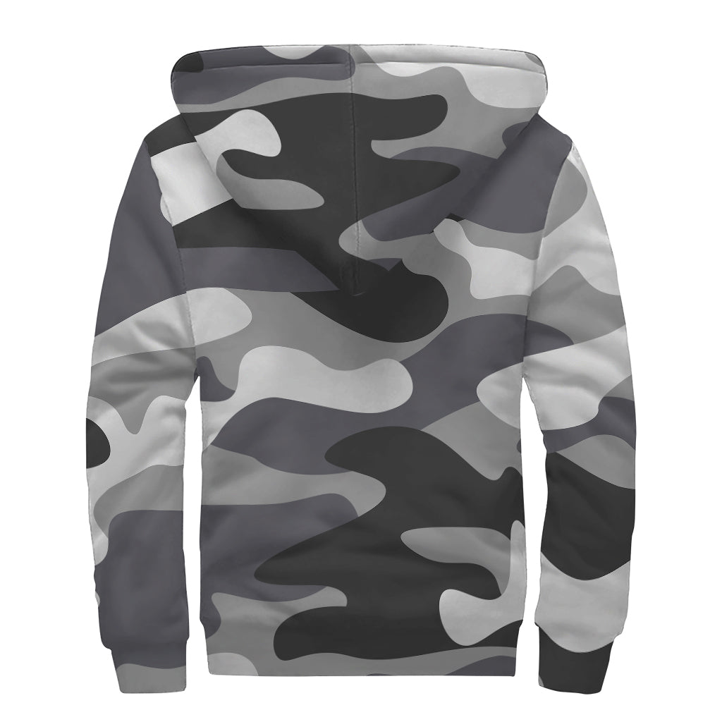 Grey And White Camouflage Print Sherpa Lined Zip Up Hoodie