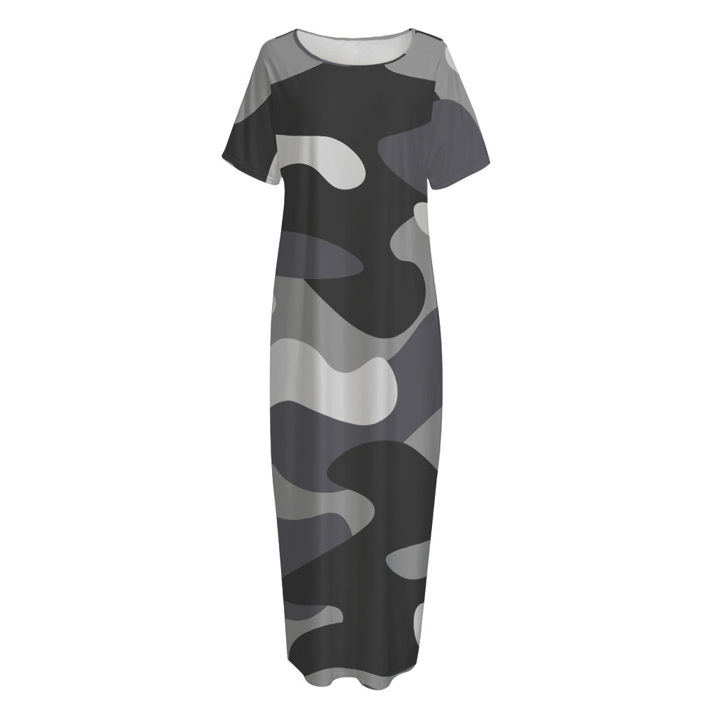 Grey And White Camouflage Print Short Sleeve Long Nightdress