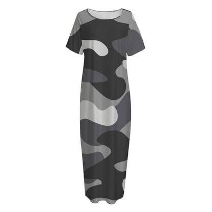 Grey And White Camouflage Print Short Sleeve Long Nightdress