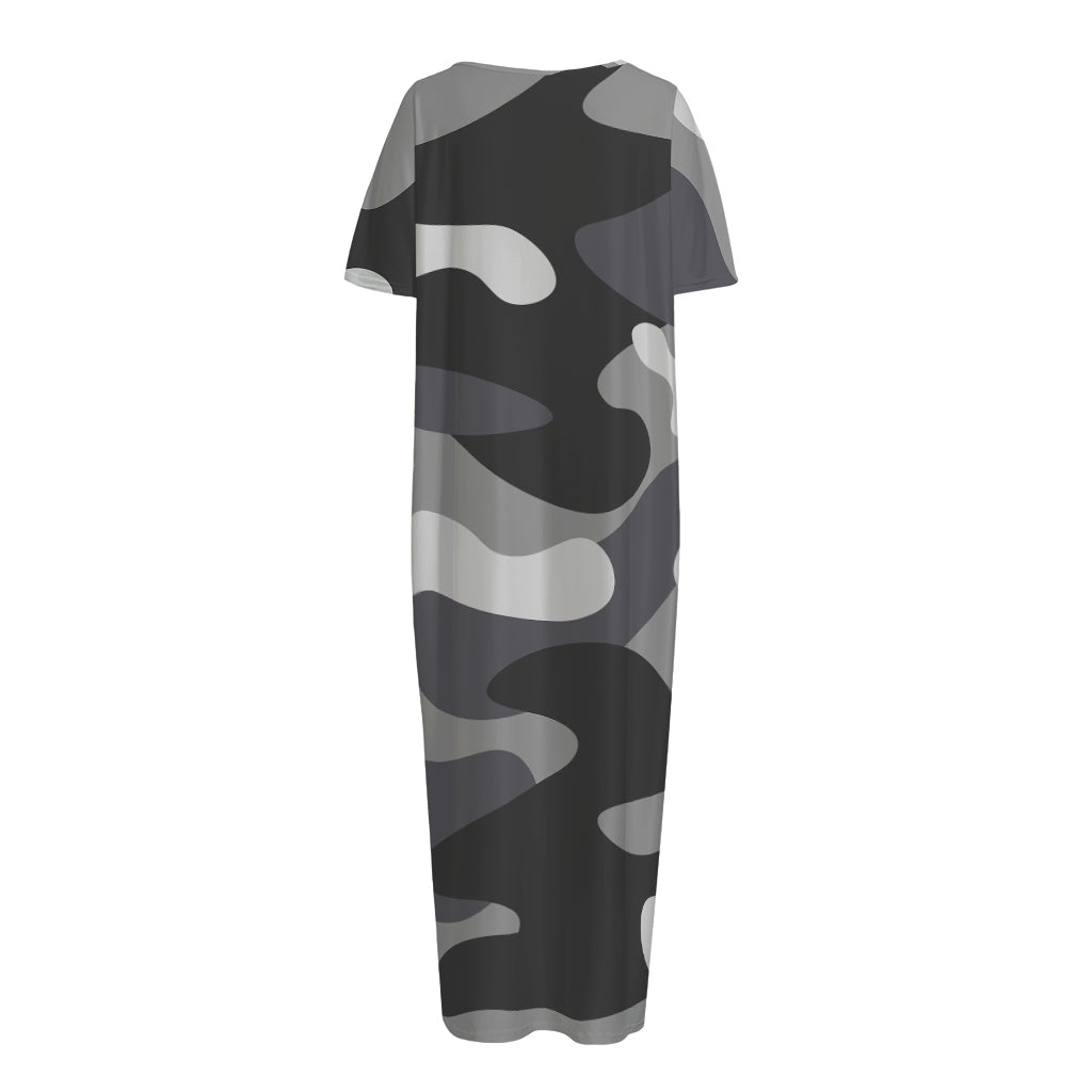 Grey And White Camouflage Print Short Sleeve Long Nightdress