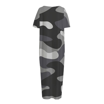 Grey And White Camouflage Print Short Sleeve Long Nightdress