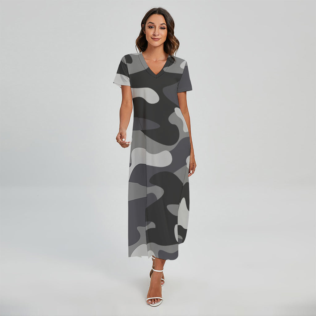 Grey And White Camouflage Print Short Sleeve Maxi Dress