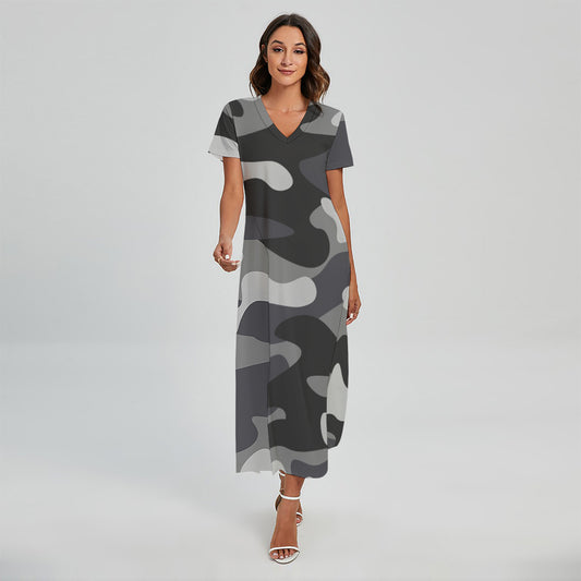 Grey And White Camouflage Print Short Sleeve Maxi Dress