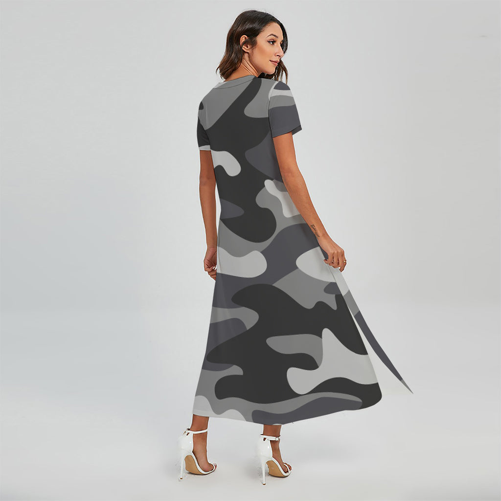 Grey And White Camouflage Print Short Sleeve Maxi Dress