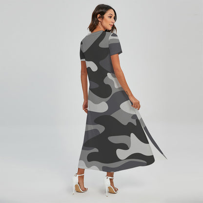 Grey And White Camouflage Print Short Sleeve Maxi Dress