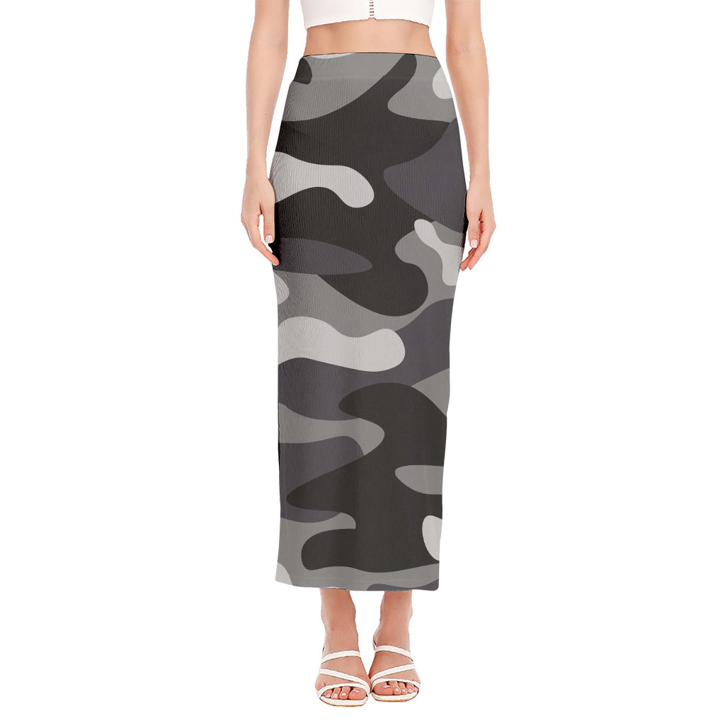 Grey And White Camouflage Print Side Slit Maxi Skirt