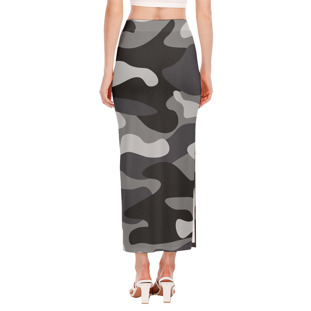 Grey And White Camouflage Print Side Slit Maxi Skirt