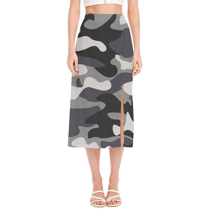 Grey And White Camouflage Print Side Slit Midi Skirt