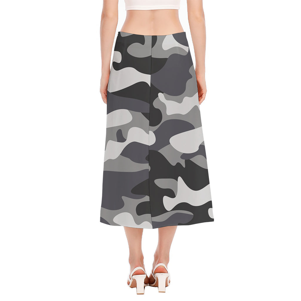 Grey And White Camouflage Print Side Slit Midi Skirt