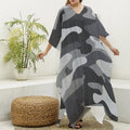 Grey And White Camouflage Print Silk V-Neck Kaftan Dress