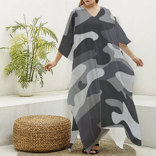 Grey And White Camouflage Print Silk V-Neck Kaftan Dress