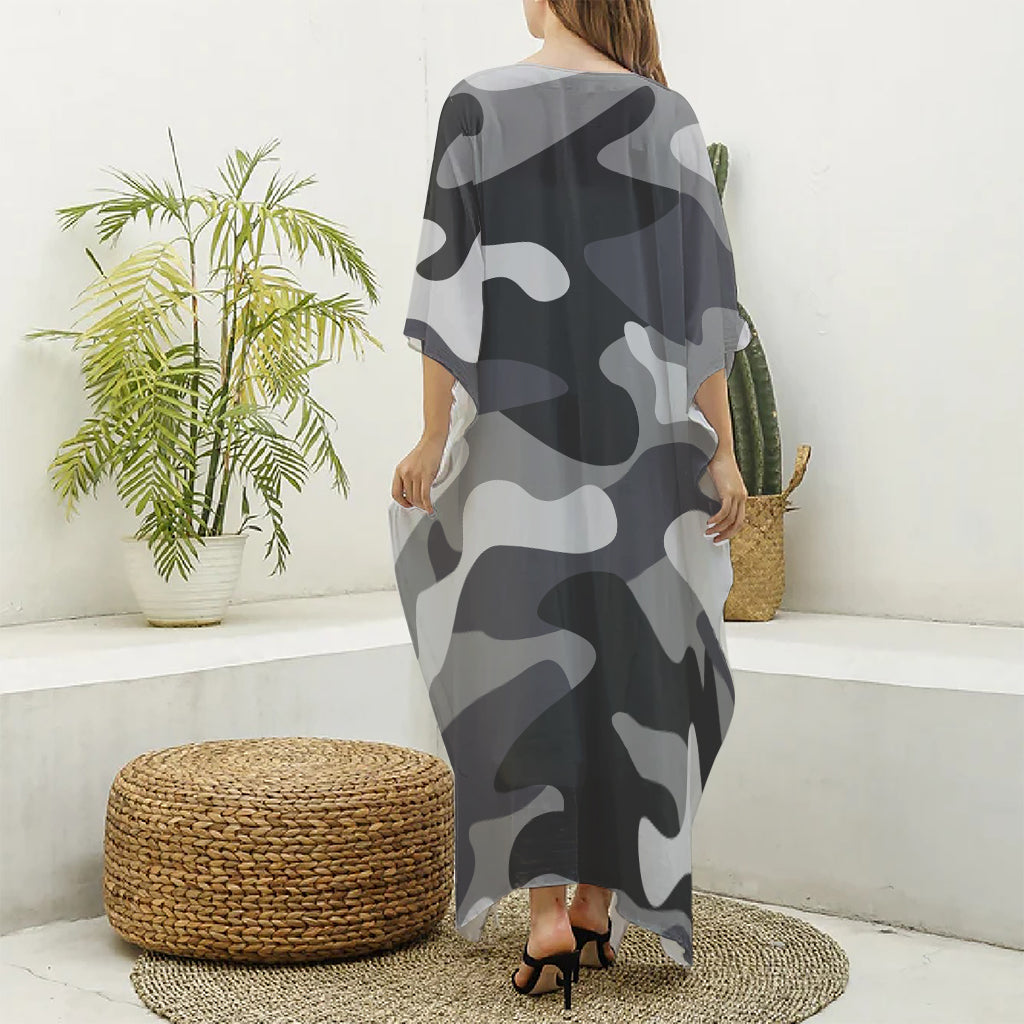 Grey And White Camouflage Print Silk V-Neck Kaftan Dress