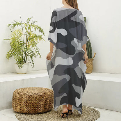 Grey And White Camouflage Print Silk V-Neck Kaftan Dress