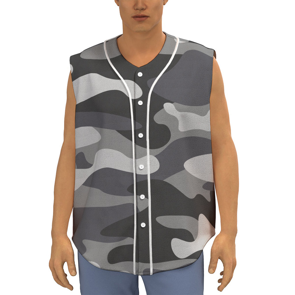 Grey And White Camouflage Print Sleeveless Baseball Jersey