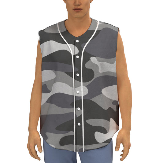 Grey And White Camouflage Print Sleeveless Baseball Jersey