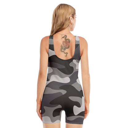 Grey And White Camouflage Print Sleeveless One Piece Swimsuit