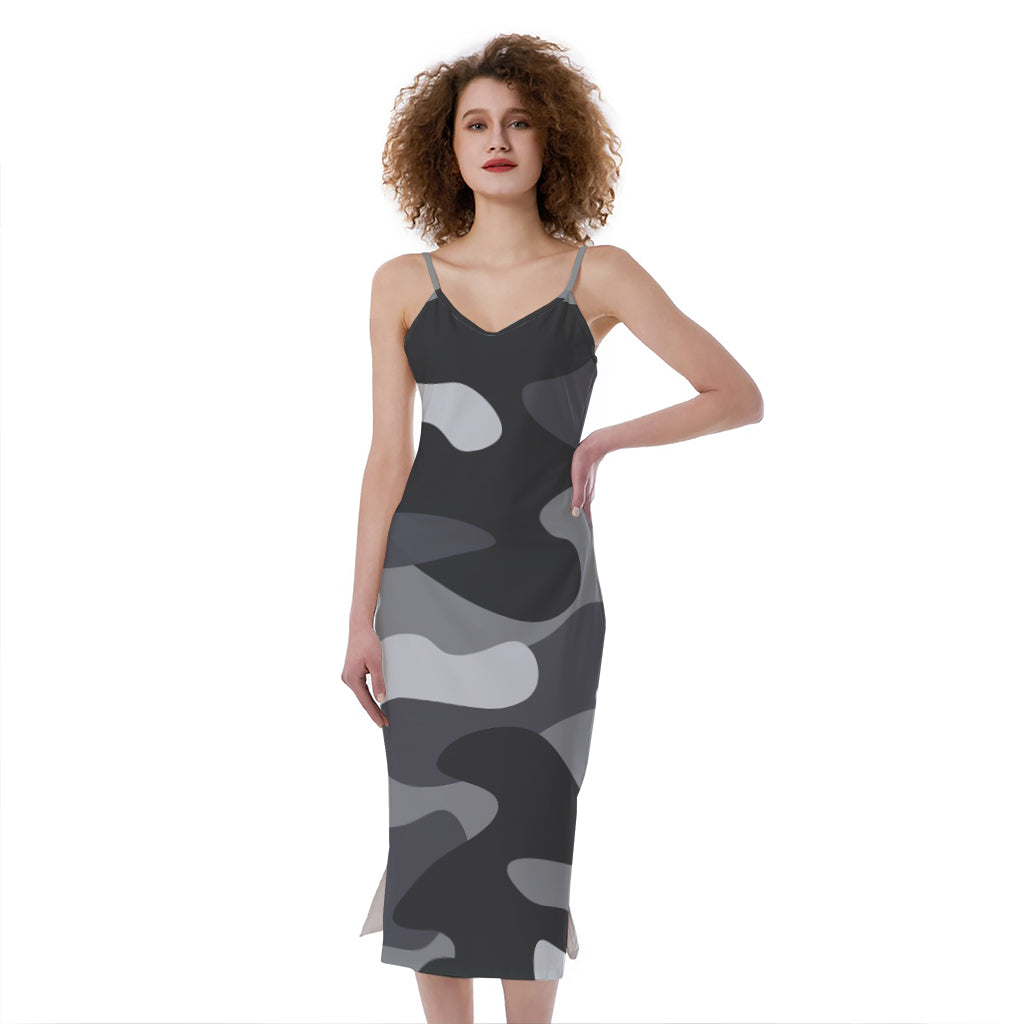 Grey And White Camouflage Print Slim Fit Midi Cami Dress