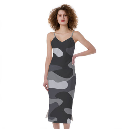 Grey And White Camouflage Print Slim Fit Midi Cami Dress