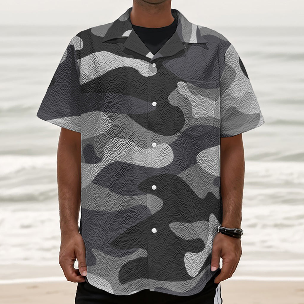 Grey And White Camouflage Print Textured Short Sleeve Shirt