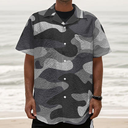 Grey And White Camouflage Print Textured Short Sleeve Shirt