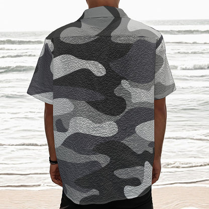Grey And White Camouflage Print Textured Short Sleeve Shirt