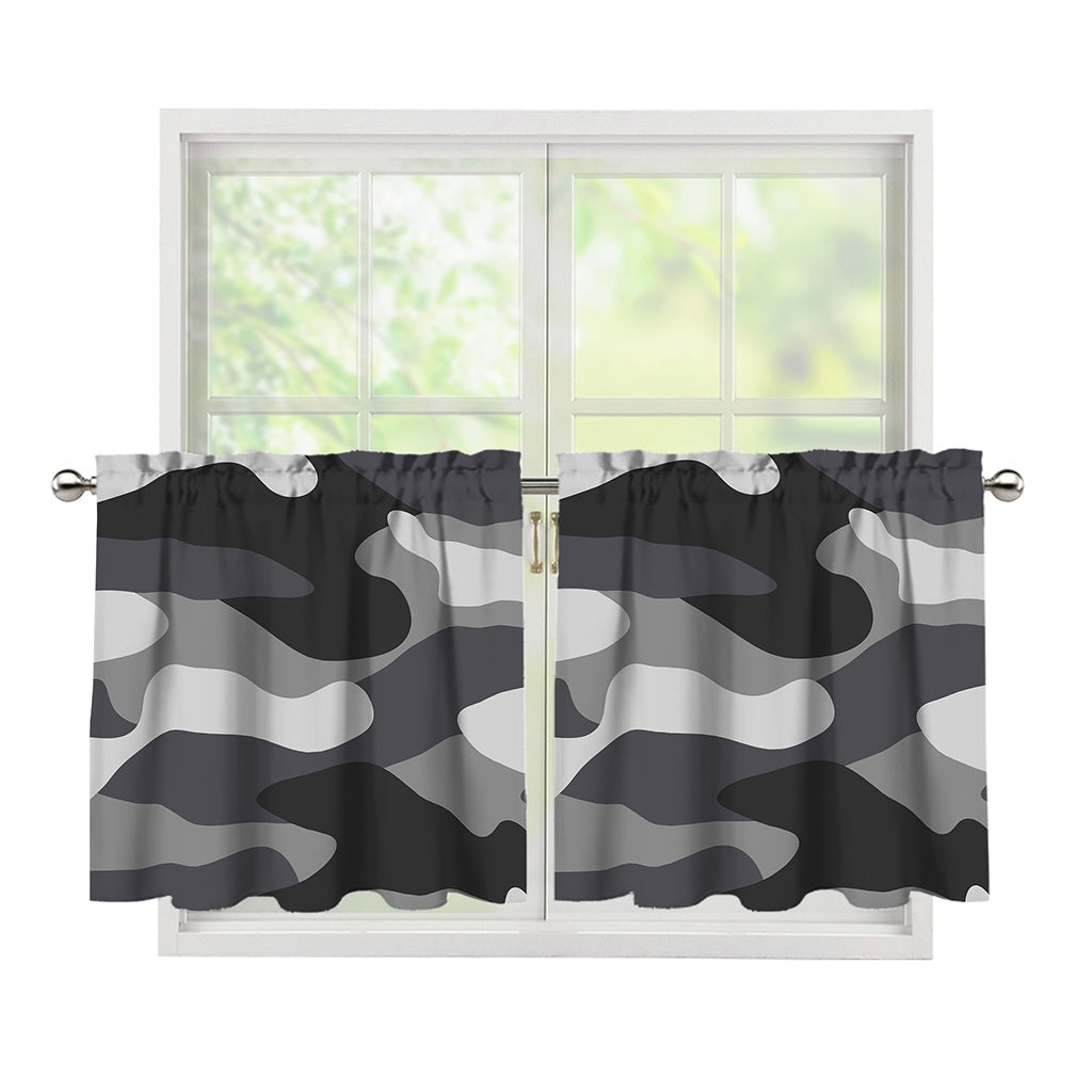 Grey And White Camouflage Print Tier Curtains