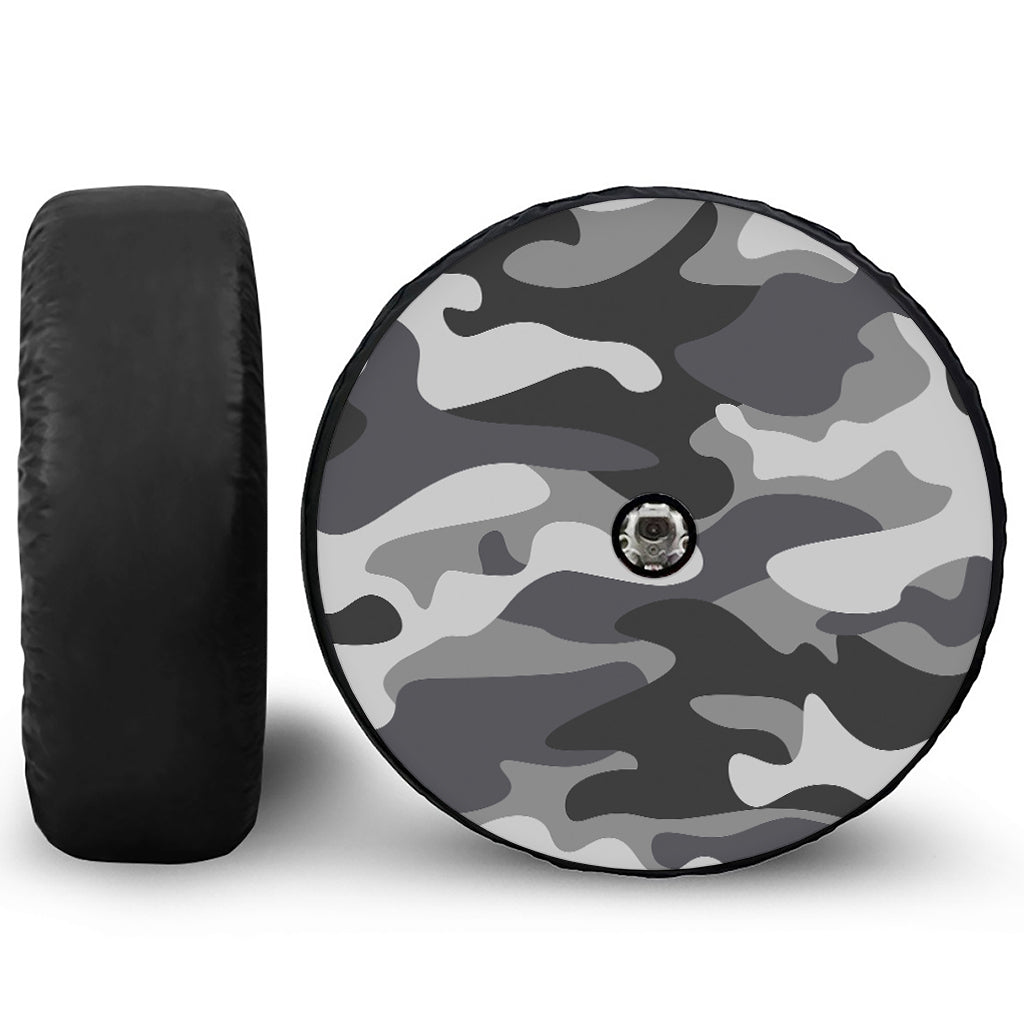 Grey And White Camouflage Print Tire Cover With Camera Hole