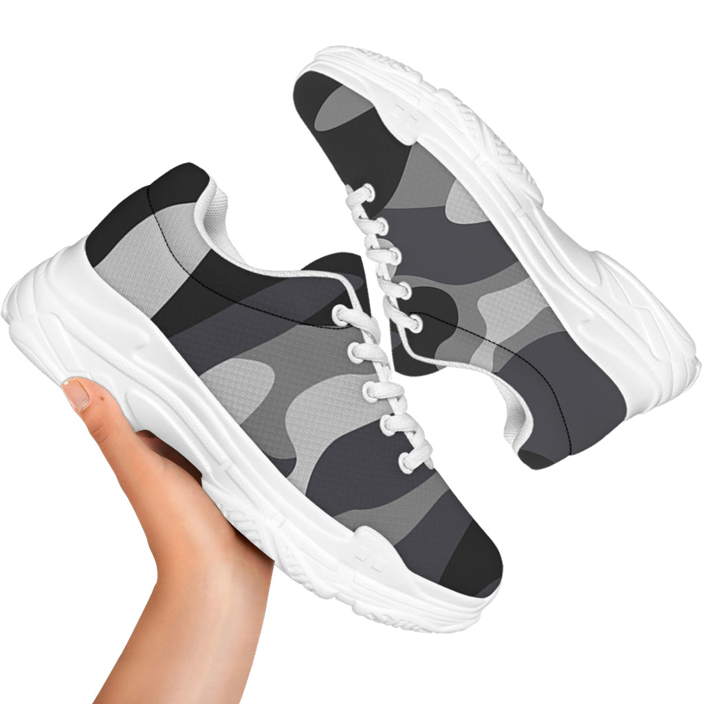 Grey And White Camouflage Print White Chunky Shoes