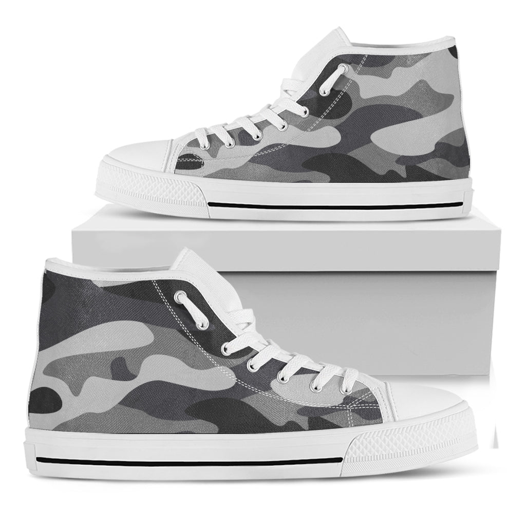 Grey And White Camouflage Print White High Top Sneakers